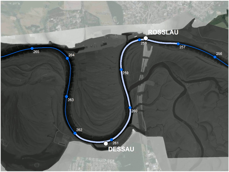 **Fig. 1**: Digital elevation model of the waterway (DEM-W, in German: Digitales Geländemodell des Wasserlaufs, DGM-W) with 1 m spatial resolution at the River Elbe near Rosslau and Dessau.